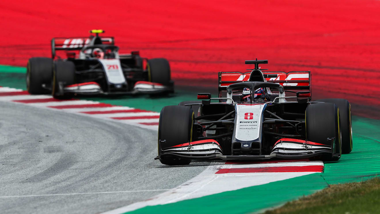 Romain Grosjean, Haas VF-20, leads Kevin Magnussen, Haas VF-20