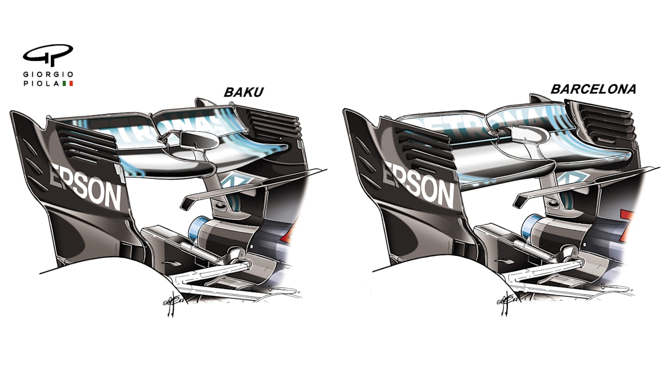 Mercedes returned to a more conventional-looking rear wing after their Baku special (left). © Giorgio Piola