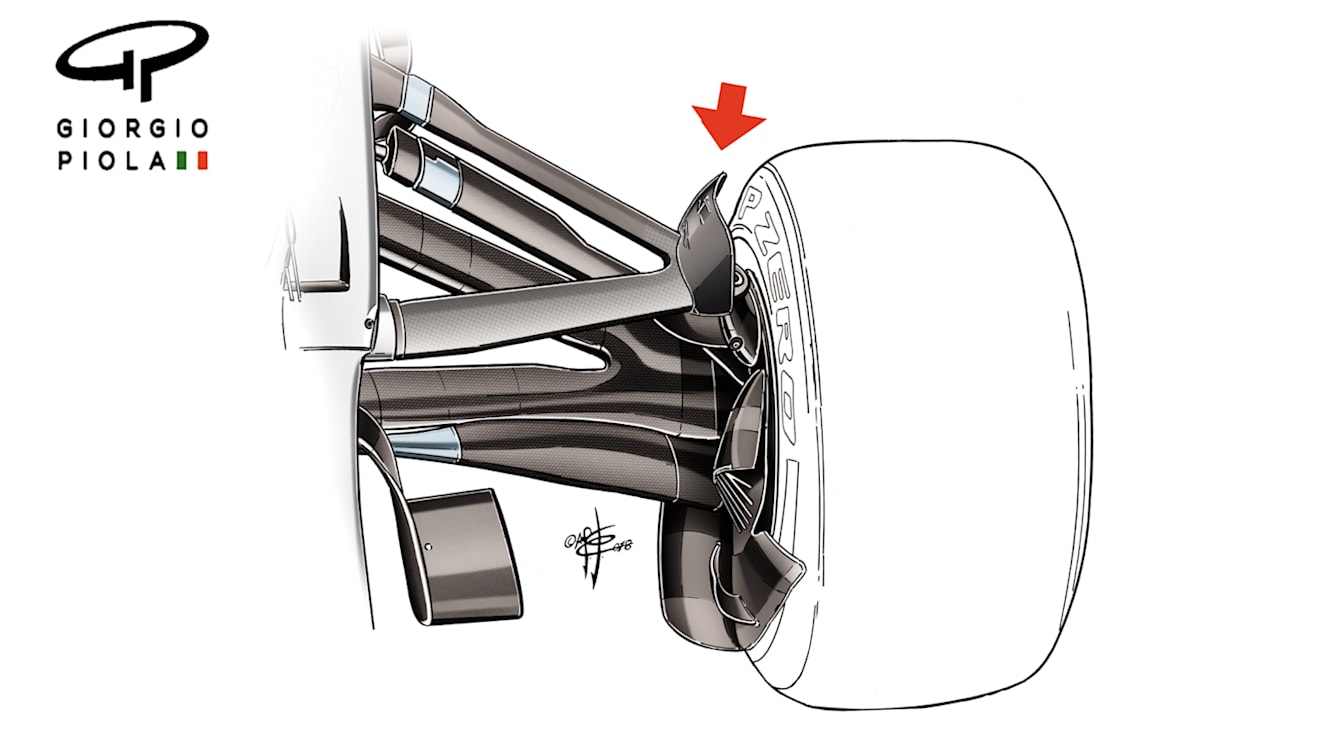 The small guide vane on Mercedes' front suspension appears to take inspiration from similar features seen on the Toro Rosso and Sauber. © Giorgio Piola