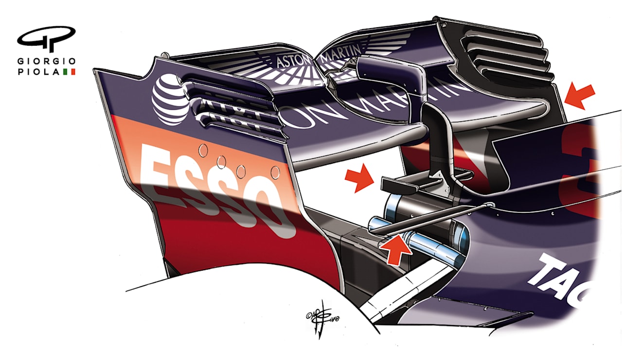 Red Bull's Monaco rear wing, featuring steeply angles endplates, monkey seat and T-wing. © Giorgio Piola