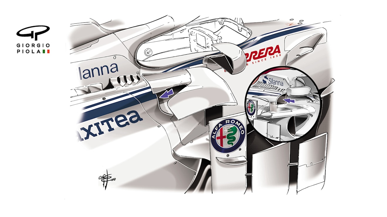 The blue arrow indicates the revised bodywork extension. © Giorgio Piola
