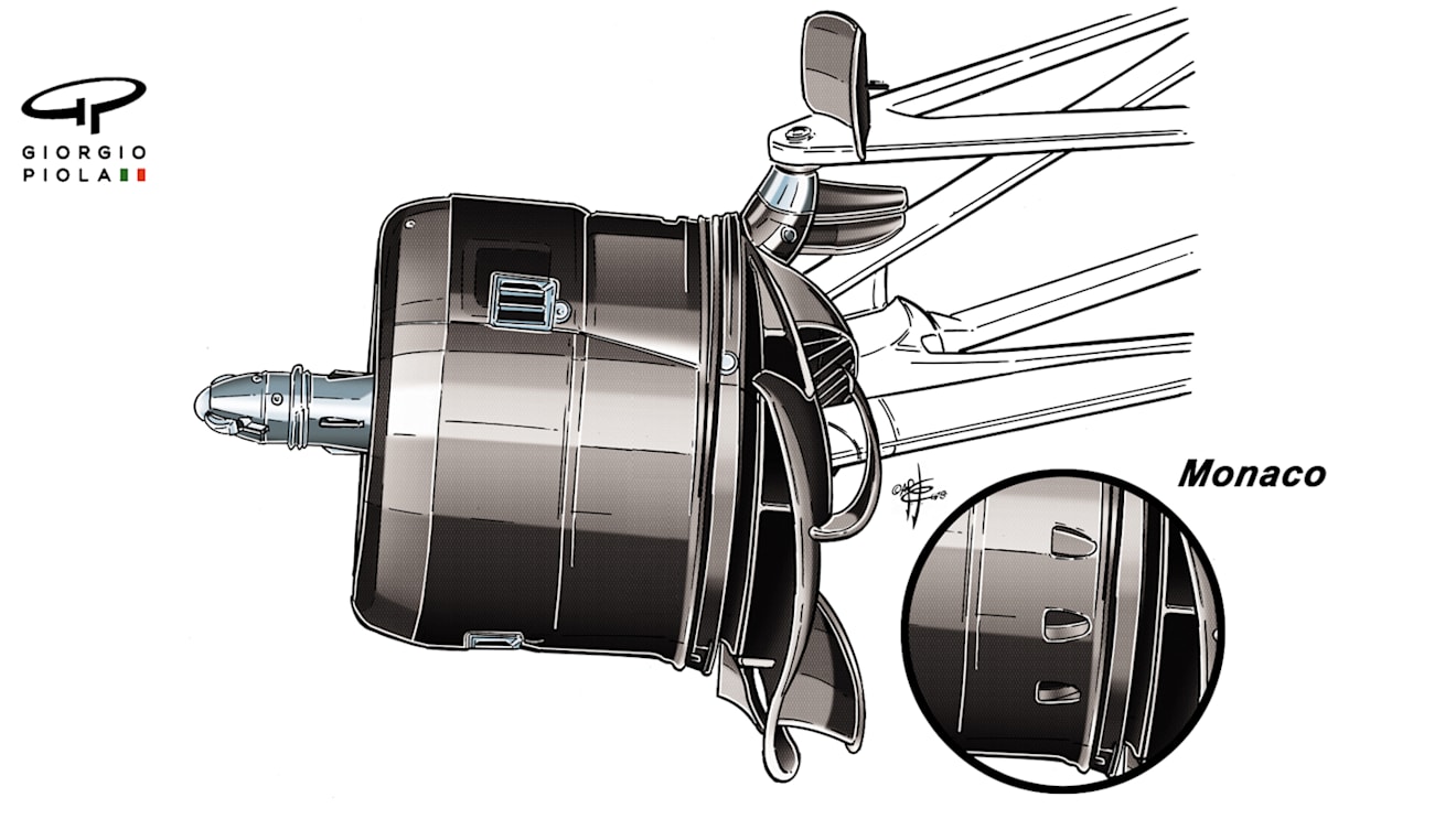 Mercedes' Canada brake arrangement stands in stark contrast to Renault's. © Giorgio Piola