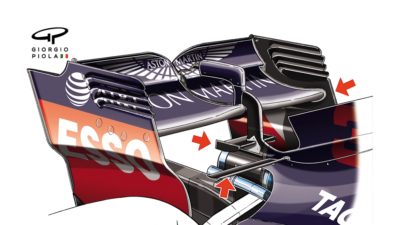 Red Bull used an iteration of their Monaco-spec wing in Hungary, complete with extended depth, monkey seat and T-wing. © Giorgio Piola