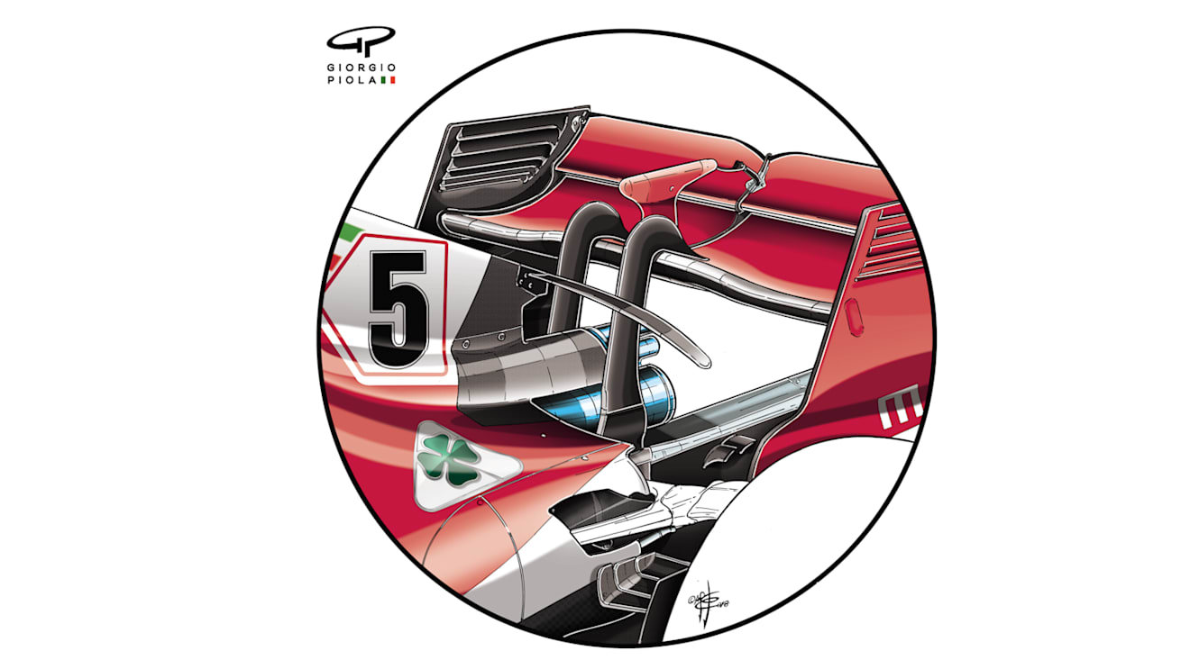 Ferrari’s alternative wastegate arrangement, which Sebastian Vettel ran briefly in Free Practice 1 in Hungary. © Giorgio Piola