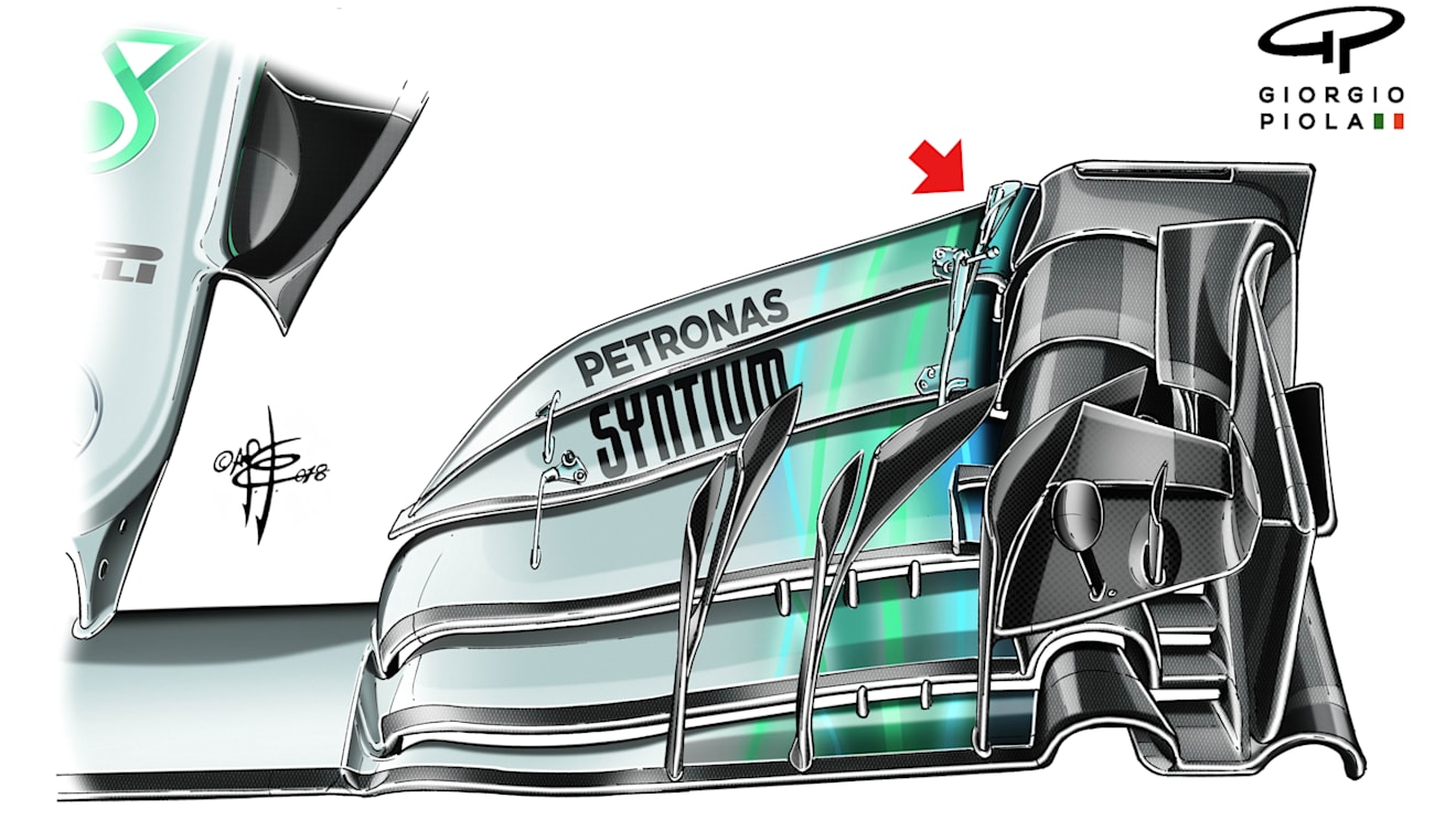 To retain aero balance, Mercedes introduced a subtly re-profiled and slightly smaller top flap. © Giorgio Piola