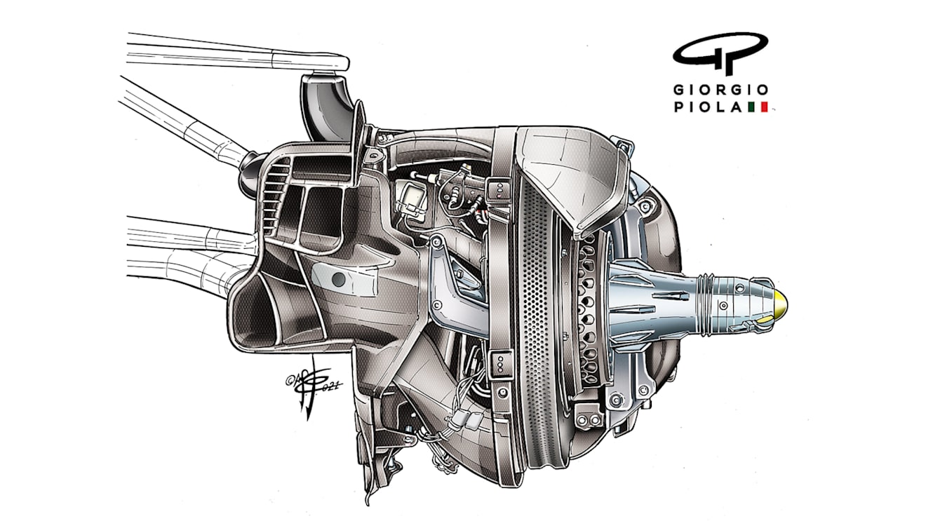Mercedes front brake duct: Much more aerodynamically complex than Red Bull’s. But possibly with a lower cooling capacity. 