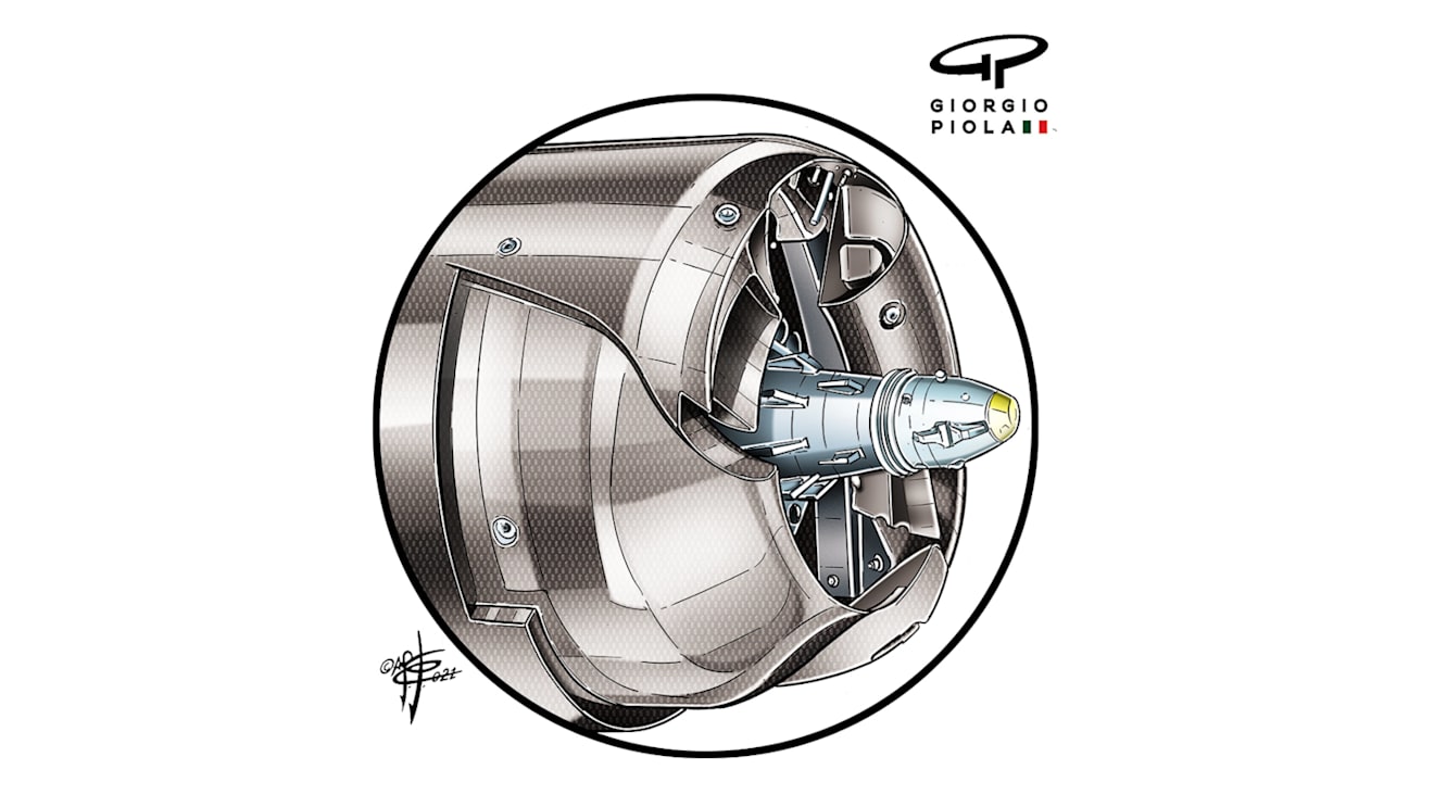 Fully enclosed ‘cake tin’ drum on the Mercedes front brake duct that is usually used, in contrast to the more open design used by Red Bull.  