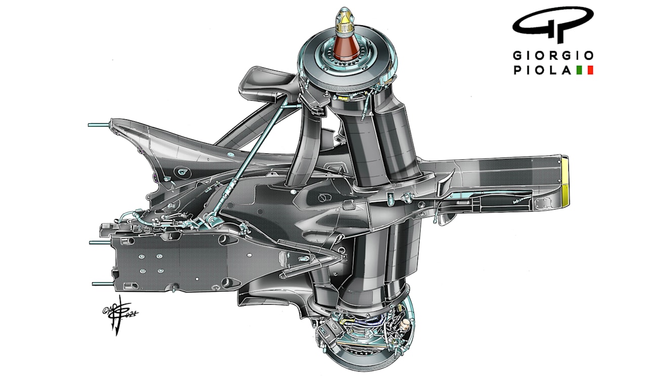 Red Bull's RB16B (illustrated above) uses a lower rear wishbone to increase volume of airflow to the diffuser