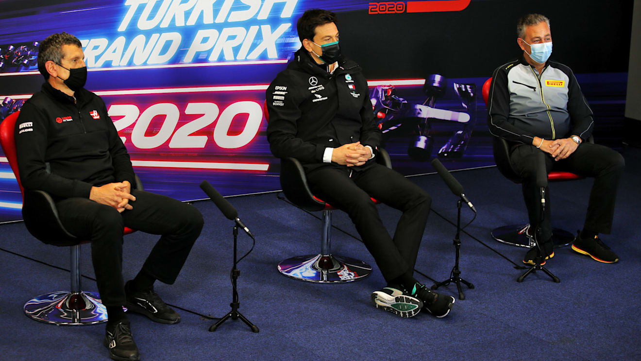 The FIA Press Conference (L to R): Guenther Steiner (ITA) Haas F1 Team Prinicipal; Toto Wolff (GER) Mercedes AMG F1 Shareholder and Executive Director; Mario Isola (ITA) Pirelli Racing Manager.
13.11.2020 Formula 1 World Championship, Rd 14, Turkish Grand Prix, Istanbul, Turkey, Practice Day.
- www.xpbimages.com, EMail: requests@xpbimages.com © Copyright: 
FIA Pool Image for Editorial Use Only