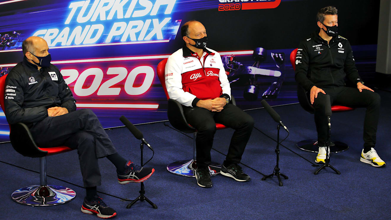 The FIA Press Conference (L to R): Franz Tost (AUT) AlphaTauri Team Principal; Frederic Vasseur (FRA) Alfa Romeo Racing Team Principal; Marcin Budkowski (POL) Renault F1 Team Executive Director.
13.11.2020 Formula 1 World Championship, Rd 14, Turkish Grand Prix, Istanbul, Turkey, Practice Day.
- www.xpbimages.com, EMail: requests@xpbimages.com © Copyright: 
FIA Pool Image for Editorial Use Only