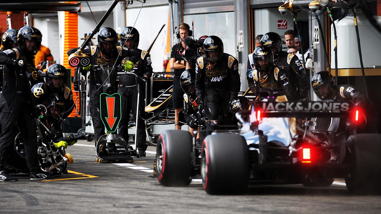Romain Grosjean (FRA) Haas F1 Team VF-19 makes a pit stop.
01.09.2019. Formula 1 World Championship, Rd 13, Belgian Grand Prix, Spa Francorchamps, Belgium, Race Day.
- www.xpbimages.com, EMail: requests@xpbimages.com - copy of publication required for printed pictures. Every used picture is fee-liable. Â© Copyright: Batchelor / XPB Images