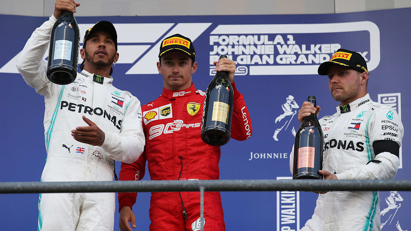1st place Charles Leclerc (MON) Ferrari SF90, 2nd place Lewis Hamilton (GBR) Mercedes AMG F1 W10 and 3rd place Valtteri Bottas (FIN) Mercedes AMG F1 W10.
01.09.2019. Formula 1 World Championship, Rd 13, Belgian Grand Prix, Spa Francorchamps, Belgium, Race Day.
- www.xpbimages.com, EMail: requests@xpbimages.com - copy of publication required for printed pictures. Every used picture is fee-liable. Â© Copyright: Batchelor / XPB Images