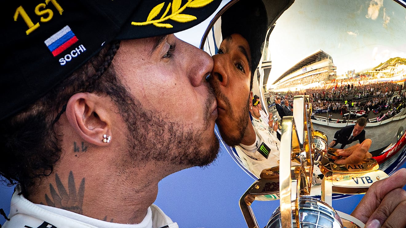 Race winner Lewis Hamilton (GBR) Mercedes AMG F1 celebrates on the podium.
29.09.2019. Formula 1 World Championship, Rd 16, Russian Grand Prix, Sochi Autodrom, Sochi, Russia, Race Day.
 - www.xpbimages.com, EMail: requests@xpbimages.com - copy of publication required for printed pictures. Every used picture is fee-liable. © Copyright: Bearne / XPB Images