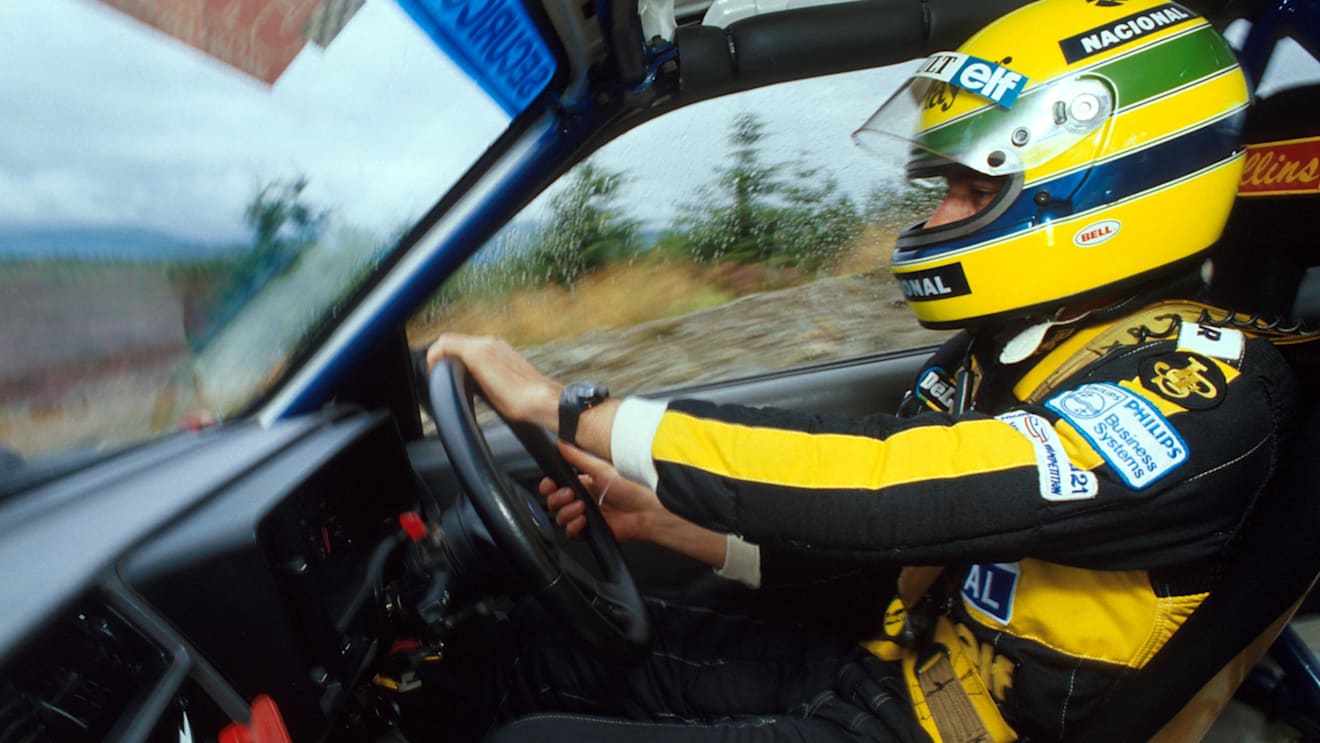 Ayrton Senna slides a Ford Sierra through a Welsh rally stage in 1986