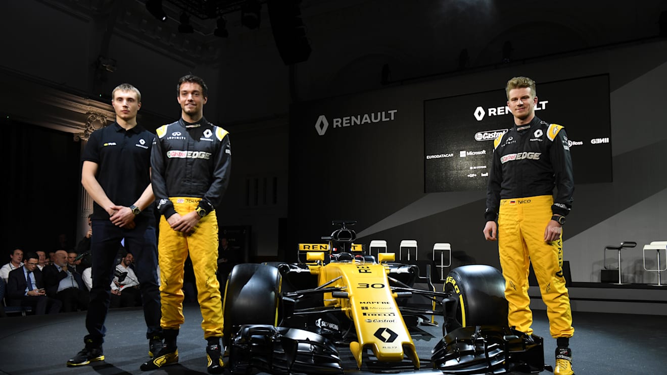 Sergey Sirotkin (RUS) Renault Sport F1 Team Test Driver, Jolyon Palmer (GBR) Renault Sport F1 Team and Nico Hulkenberg (GER) Renault Sport F1 Team with the new Renault Sport F1 Team RS17 at Renault Sport F1 Team RS17 Reveal