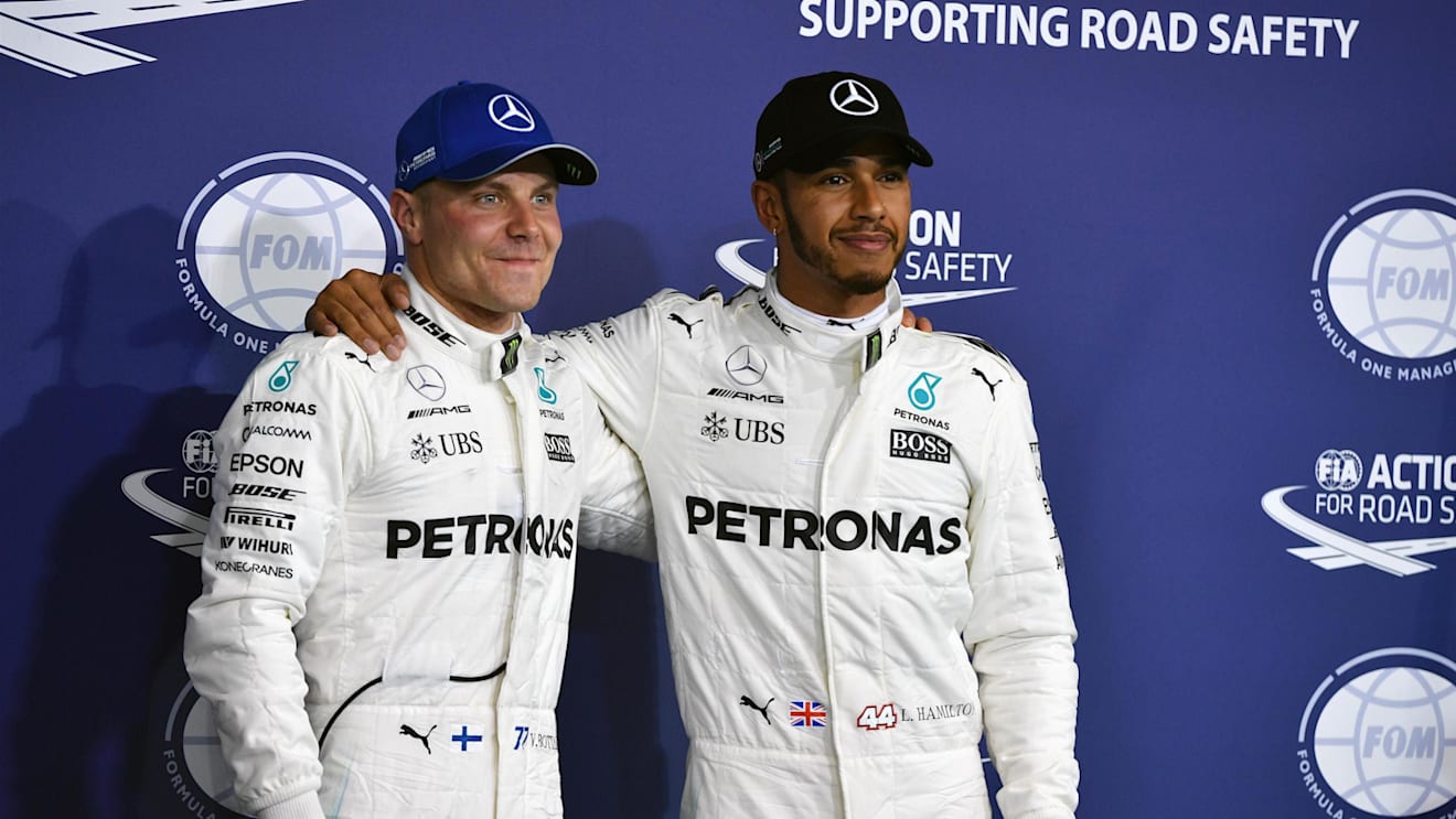 Pole sitter Valtteri Bottas (FIN) Mercedes AMG F1 and Lewis Hamilton (GBR) Mercedes AMG F1 celebrate in parc ferme at Formula One World Championship, Rd20, Abu Dhabi Grand Prix, Qualifying, Yas Marina Circuit, Abu Dhabi, UAE, Saturday 25 November 2017. © Mark Sutton/Sutton Images