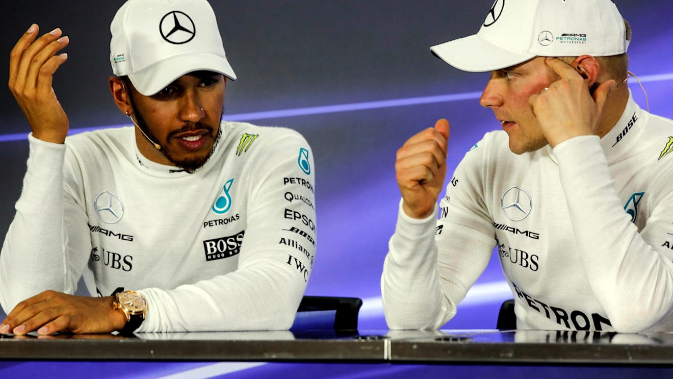 Lewis Hamilton (GBR) Mercedes AMG F1 and race winner Valtteri Bottas (FIN) Mercedes AMG F1 in the Press Conference at Formula One World Championship, Rd20, Abu Dhabi Grand Prix, Race, Yas Marina Circuit, Abu Dhabi, UAE, Sunday 26 November 2017. © James Gasperotti/Sutton Images