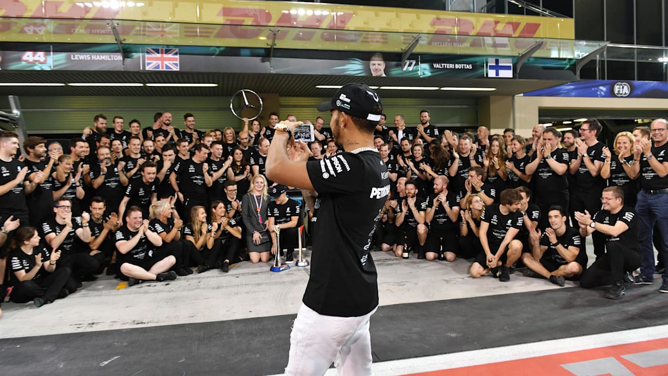 Lewis Hamilton (GBR) Mercedes AMG F1 at the team celebratrations at Formula One World Championship, Rd20, Abu Dhabi Grand Prix, Race, Yas Marina Circuit, Abu Dhabi, UAE, Sunday 26 November 2017. © Mark Sutton/Sutton Images