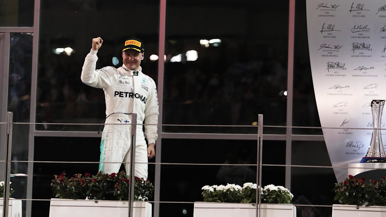 Race winner Valtteri Bottas (FIN) Mercedes AMG F1 celebrates on the podium at Formula One World Championship, Rd20, Abu Dhabi Grand Prix, Race, Yas Marina Circuit, Abu Dhabi, UAE, Sunday 26 November 2017. © Manuel Goria/Sutton Images