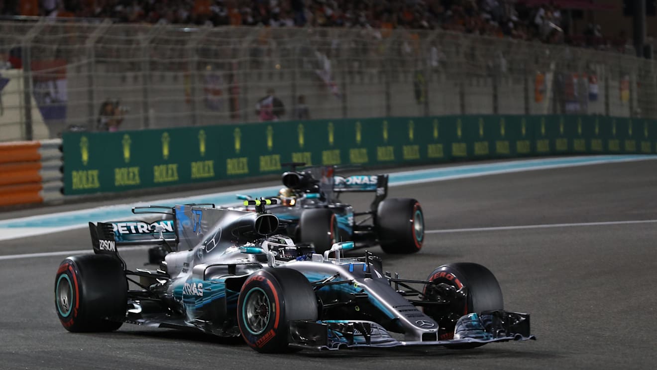 Bottas (FIN) Mercedes-Benz F1 W08 Hybrid leads Hamilton (GBR) Mercedes-Benz F1 W08 Hybrid at Formula One World Championship, Rd20, Abu Dhabi Grand Prix, Race, Yas Marina Circuit, Abu Dhabi, UAE, Sunday 26 November 2017. © Lionel Ng/Sutton Images