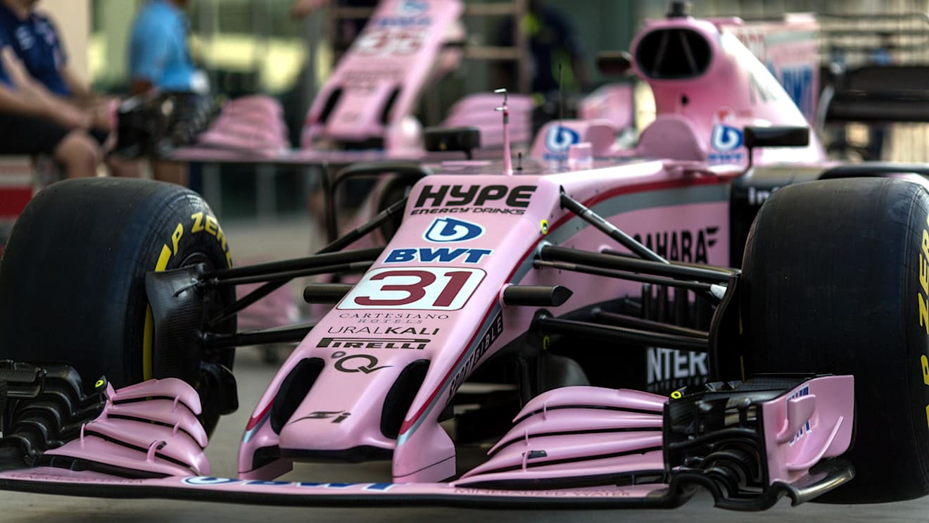 The nose and front wing car of Esteban Ocon (FRA) Force India VJM10 at Formula One World Championship, Rd20, Abu Dhabi Grand Prix, Preparations, Yas Marina Circuit, Abu Dhabi, UAE, Thursday 23 November 2017. © Kym Illman/Sutton Images