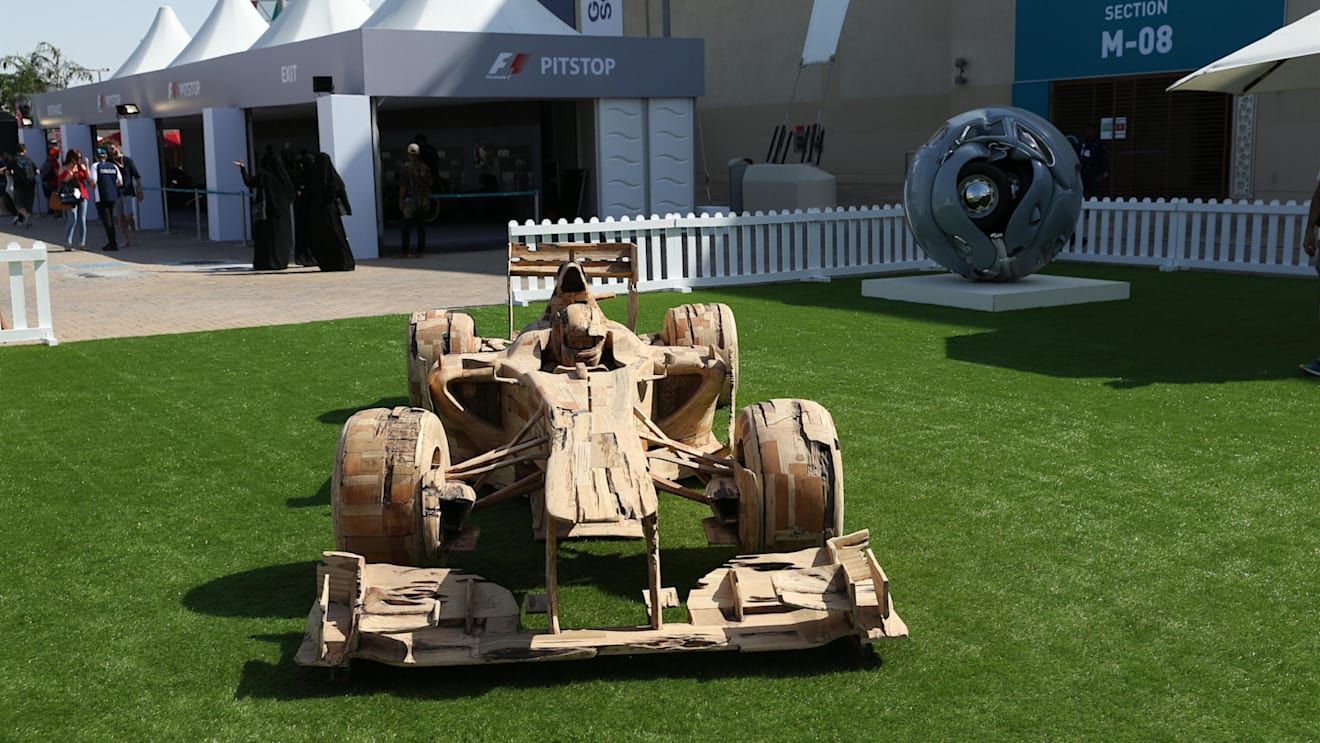 Wooden F1 car sculpture at Formula One World Championship, Rd20, Abu Dhabi Grand Prix, Preparations, Yas Marina Circuit, Abu Dhabi, UAE, Thursday 23 November 2017. © Lionel Ng/Sutton Images