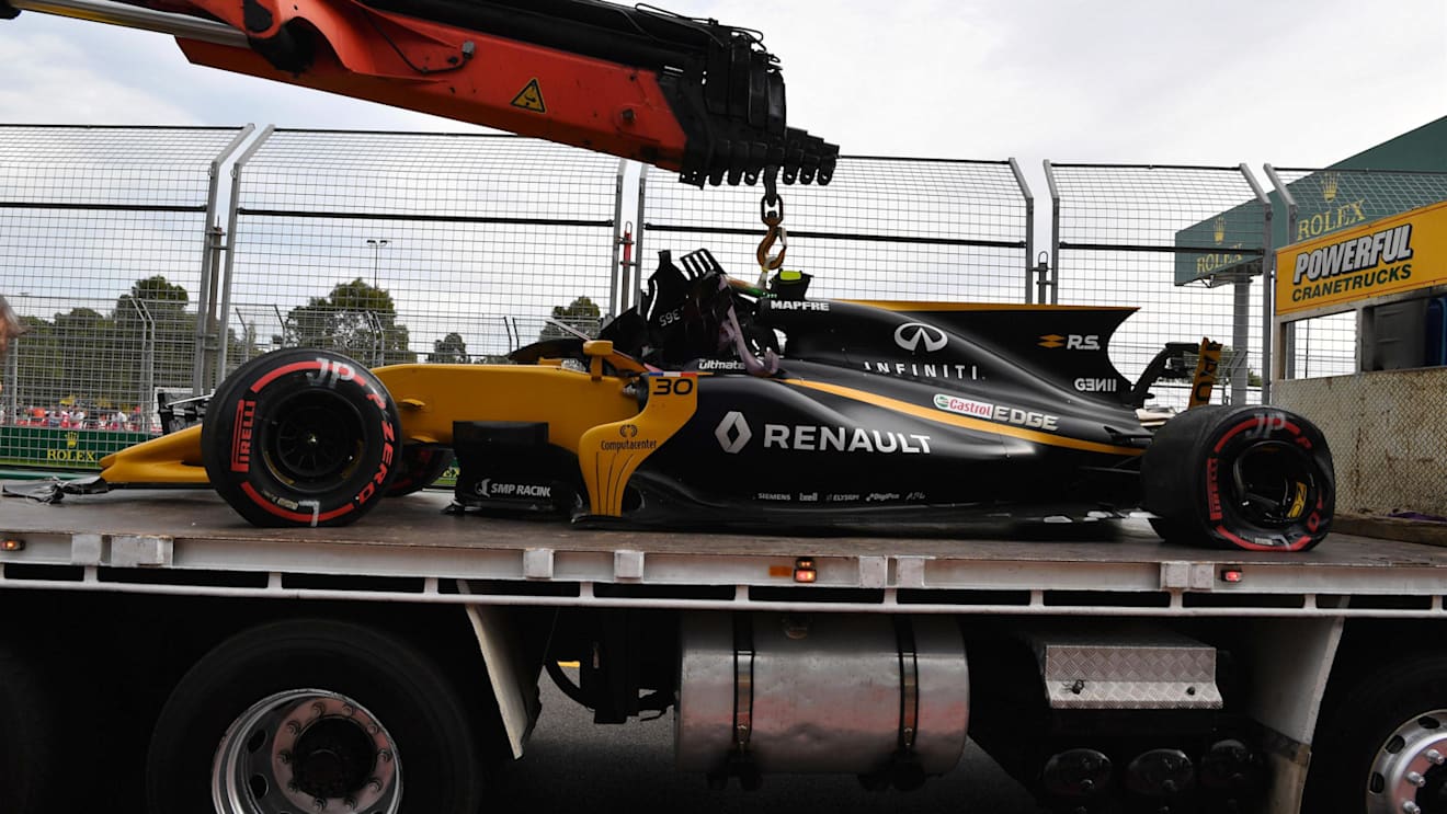 The crashed car of Jolyon Palmer (GBR) Renault Sport F1 Team RS17 is recovered in FP2 at Formula One World Championship, Rd1, Australian Grand Prix, Practice, Albert Park, Melbourne, Australia, Friday 24 March 2017. © Sutton Motorsport Images