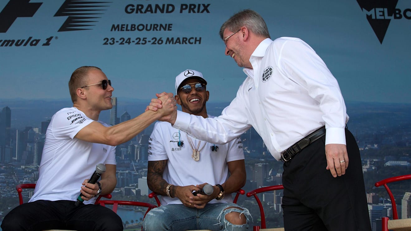 	 Valtteri Bottas (FIN) Mercedes AMG F1, Lewis Hamilton (GBR) Mercedes AMG F1 and Ross Brawn (GBR) Formula One Managing Director of Motorsports at F1 World Championship, Australian Grand Prix, Melbourne, Australia, 25 March 2017. ©Sutton Motorsport Images