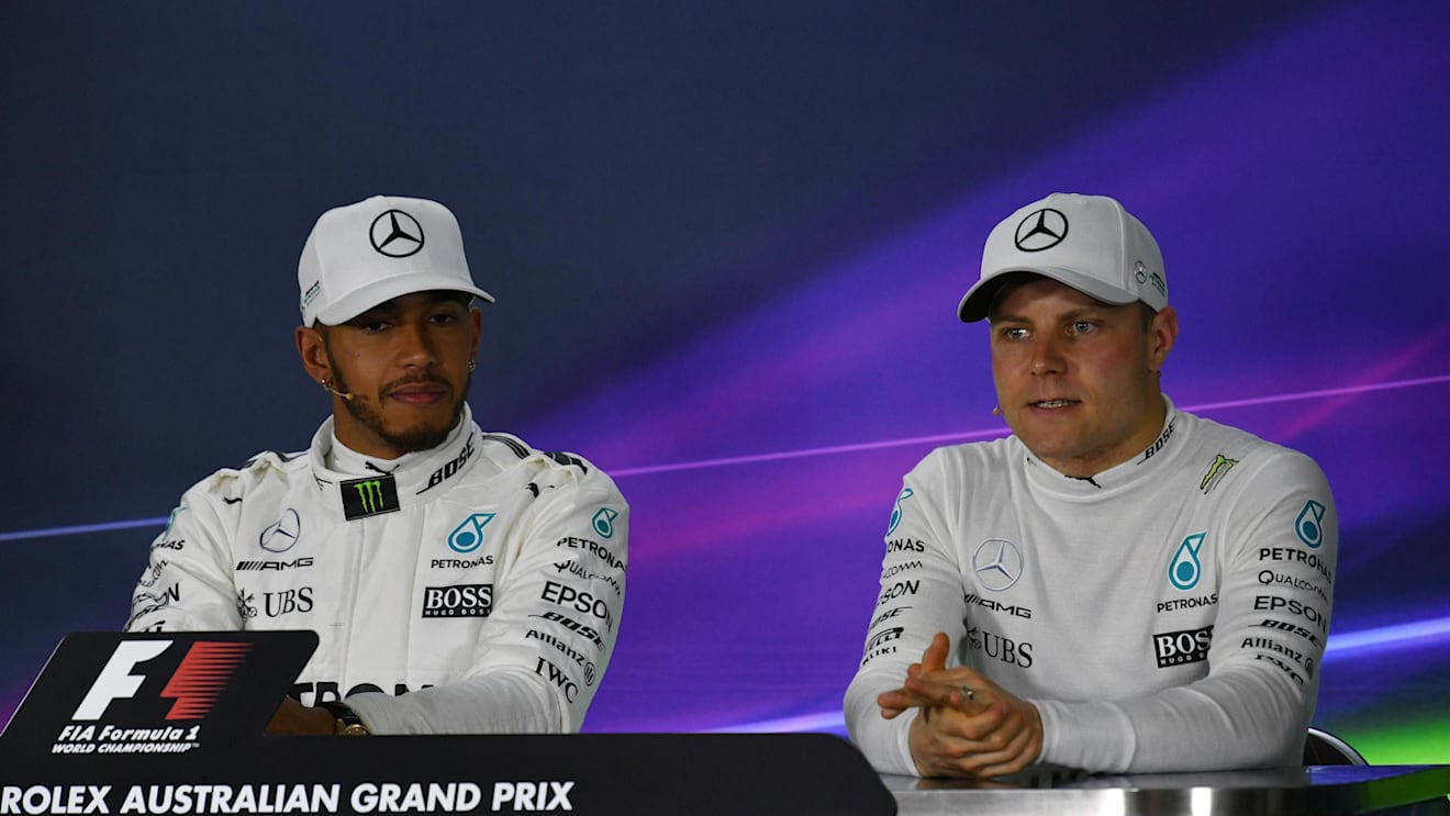 Lewis Hamilton (GBR) Mercedes AMG F1 and Valtteri Bottas (FIN) Mercedes AMG F1 in the Press Conference at Formula One World Championship, Rd1, Australian Grand Prix, Qualifying, Albert Park, Melbourne, Australia, 25 March 2017. ©Sutton Motorsport Images