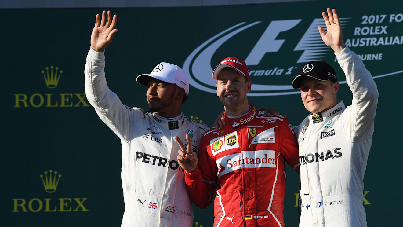 Race winners Ferrari and Mercedes AMG F1 celebrate on the podium at Formula One World Championship, Rd1, Australian Grand Prix, Race, Albert Park, Melbourne, Australia, Sunday 26 March 2017. © Sutton Motorsport Images