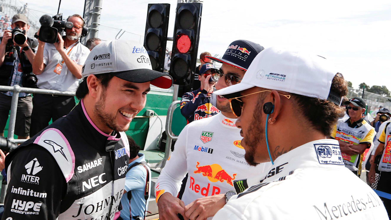 Sergio Perez (MEX) Force India, Daniel Ricciardo (AUS) Red Bull Racing and Lewis Hamilton (GBR) Mercedes AMG F1 at Formula One World Championship, Rd1, Australian Grand Prix, Melbourne, Australia, Sunday 26 March 2017. ©Sutton Motorsport Images