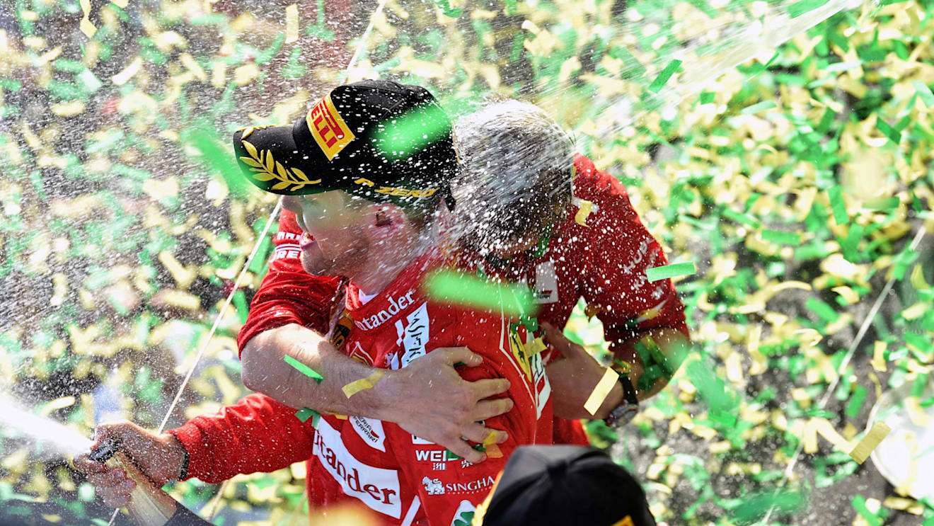 Race winner Sebastian Vettel (GER) Ferrari celebrates on the podium with the champagne at Formula One World Championship, Rd1, Australian Grand Prix, Race, Albert Park, Melbourne, Australia, Sunday 26 March 2017. © Sutton Motorsport Images
