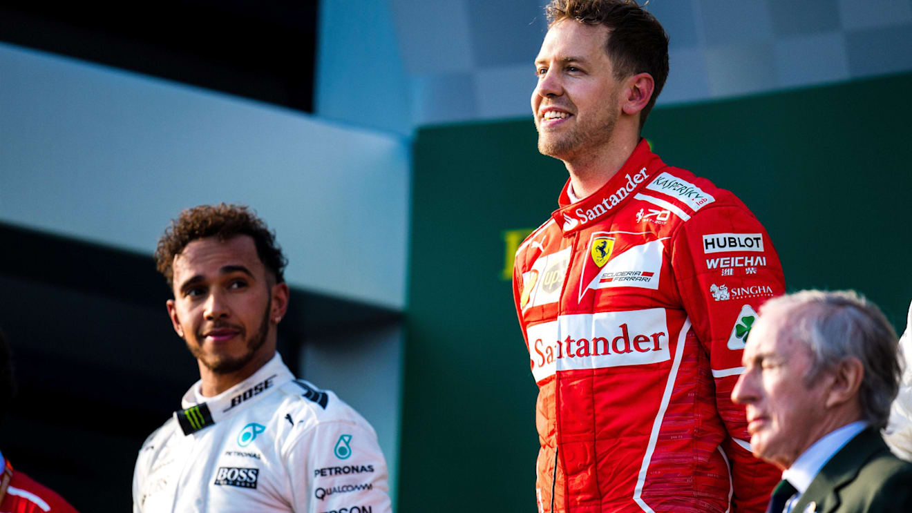 Lewis Hamilton (GBR) Mercedes AMG F1 and Sebastian Vettel (GER) Ferrari on the podium at Formula One World Championship, Rd1, Australian Grand Prix, Race, Albert Park, Melbourne, Australia, Sunday 26 March 2017. © Sutton Motorsport Images