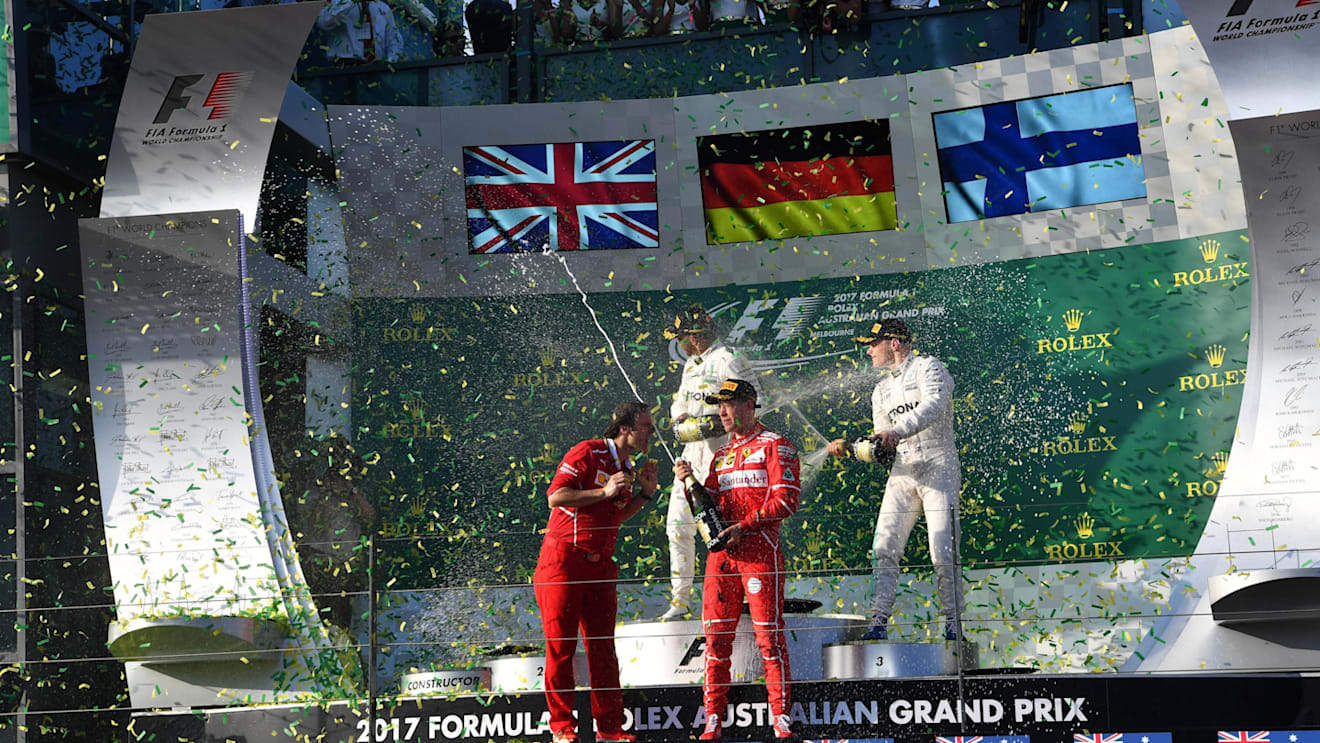 podium celebrations with the champagne at Formula One World Championship, Rd1, Australian Grand Prix, Race, Albert Park, Melbourne, Australia, Sunday 26 March 2017. © Sutton Motorsport Images