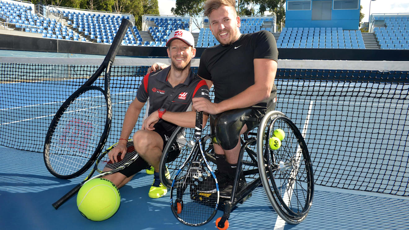 Romain Grosjean (FRA) Haas F1 and Dylan Alcott (AUS) Wheelchair Tennis Player at Formula One World Championship, Rd1, Australian Grand Prix, Preparations, Albert Park, Melbourne, Australia, Thursday 23 March 2017. © Sutton Motorsport Images