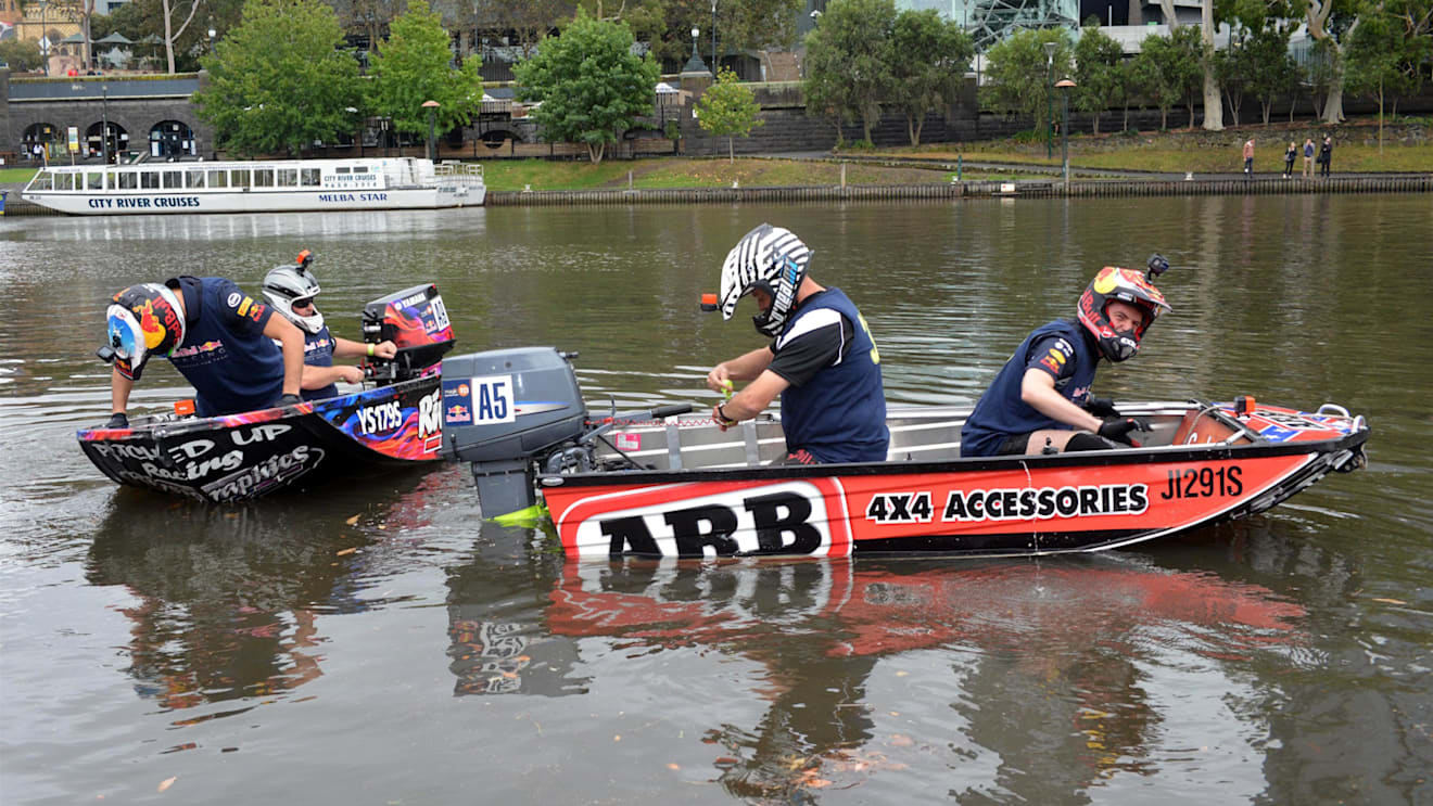 Daniel Ricciardo (AUS) Red Bull Racing and Max Verstappen (NED) Red Bull Racing take part in a dinghy race on the Yarra River at Formula One World Championship, Australian Grand Prix, Melbourne, Australia, Wednesday 22 March 2017. ©Sutton Motorsport Images