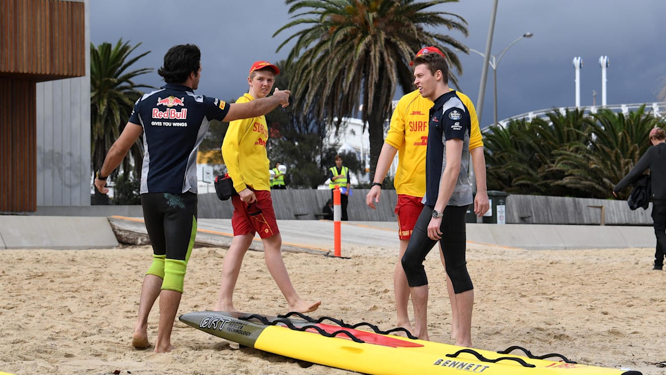 Daniil Kvyat (RUS) Scuderia Toro Rosso and Carlos Sainz jr (ESP) Scuderia Toro Rosso at a Casio Surf Life Savers event at F1 World Championship, Australian Grand Prix, Preparations, Melbourne, Australia, Wednesday 22 March 2017. © Sutton Motorsport Images