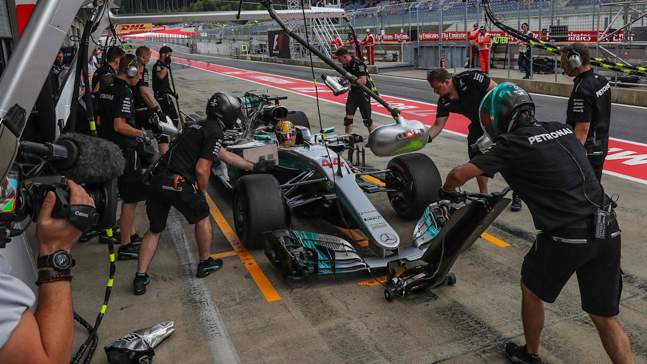 Lewis Hamilton (GBR) Mercedes-Benz F1 W08 Hybrid makes a practice pitstop at Formula One World Championship, Rd9, Austrian Grand Prix, Practice, Spielberg, Austria, Friday 7 July 2017. © ÃƒÆ’Ã¢â‚¬Å¡ 2013 KymIllman.com