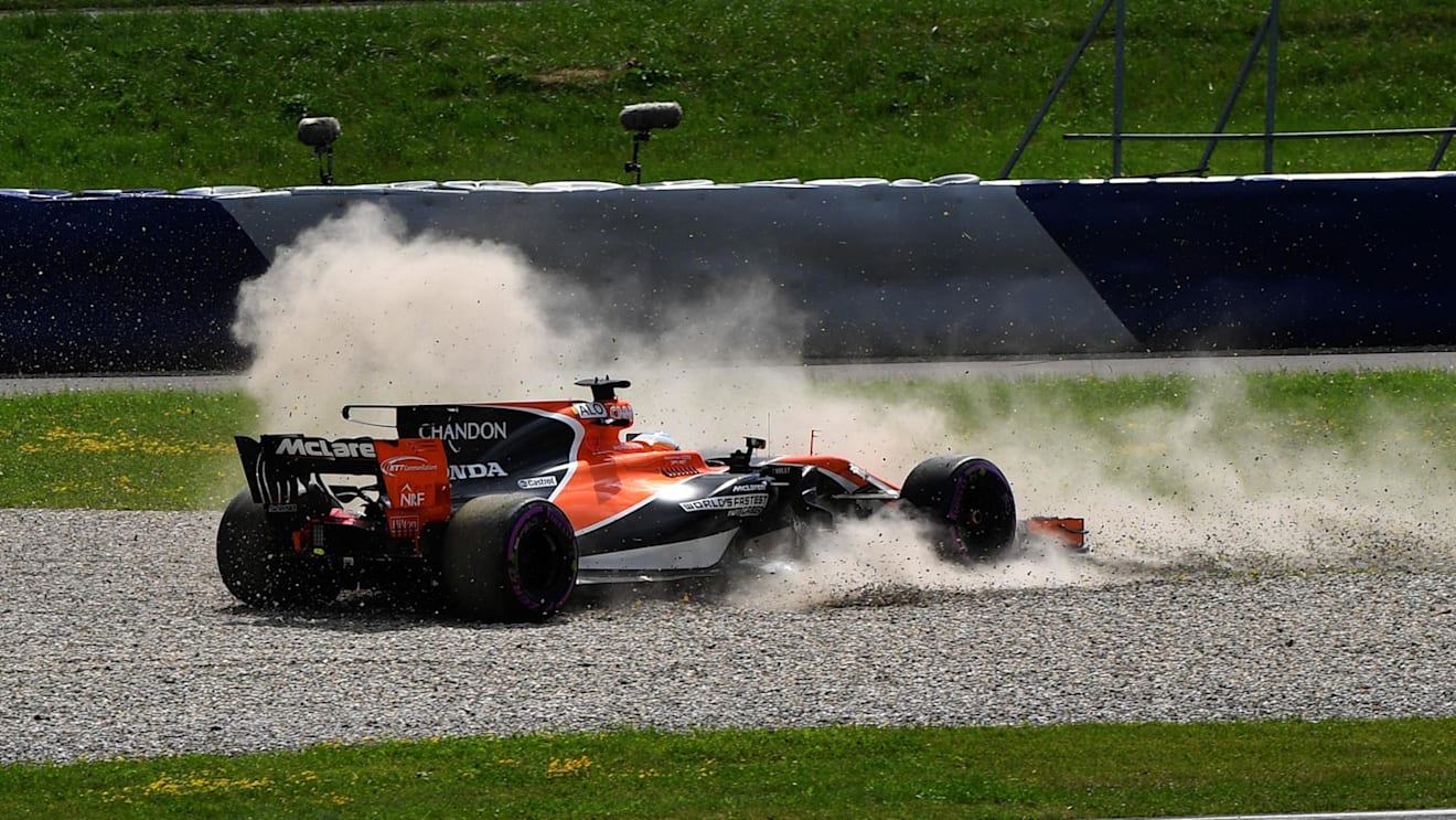 Fernando Alonso (ESP) McLaren MCL32 spins into the gravel at Formula One World Championship, Rd9, Austrian Grand Prix, Practice, Spielberg, Austria, Friday 7 July 2017. © Sutton Images