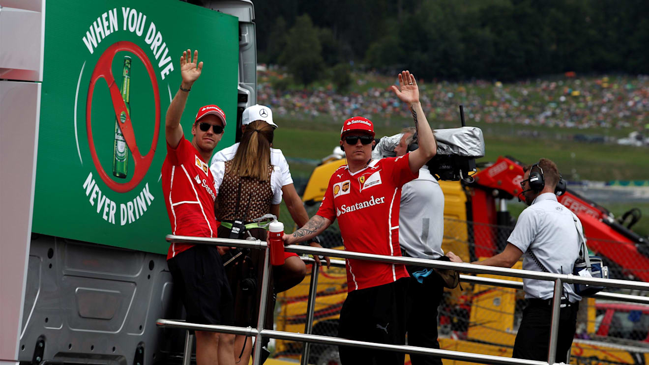 Sebastian Vettel (GER) Ferrari and Kimi Raikkonen (FIN) Ferrari on the drivers parade at Formula One World Championship, Rd9, Austrian Grand Prix, Race, Spielberg, Austria, Sunday 9 July 2017. © Sutton Images