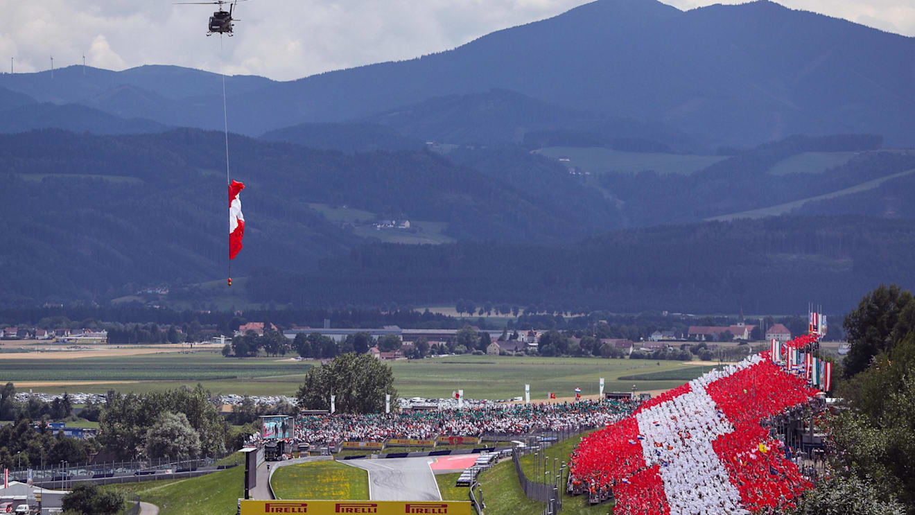 Helicopter with Austrian flag and grandstand at Formula One World Championship, Rd9, Austrian Grand Prix, Race, Spielberg, Austria, Sunday 9 July 2017. © Sutton Images