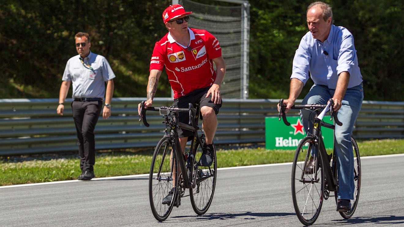 Kimi Raikkonen (FIN) Ferrari rides a bike on the track walk at Formula One World Championship, Rd9, Austrian Grand Prix, Preparations, Spielberg, Austria, Thursday 6 July 2017. © Sutton Images