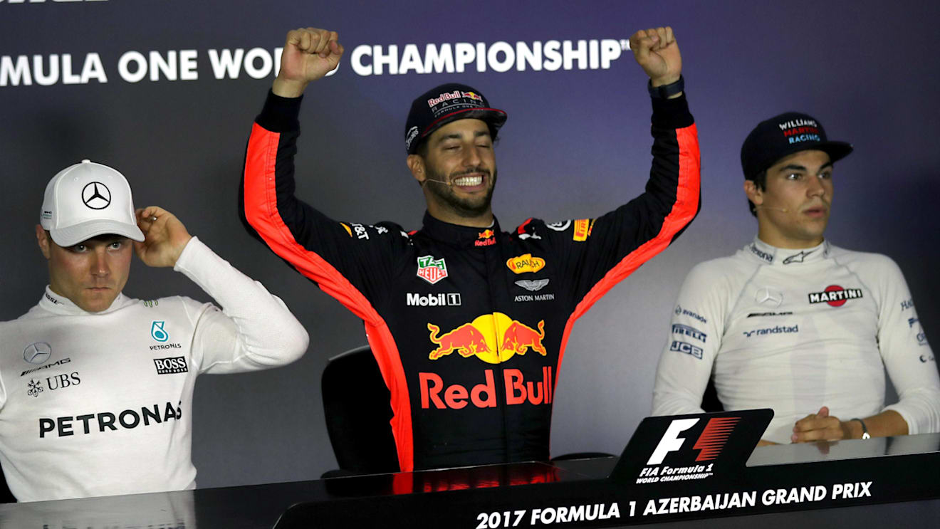 Race winner Daniel Ricciardo (AUS) Red Bull Racing celebrates in the Press Conference with Lance Stroll (CDN) Williams and Valtteri Bottas (FIN) Mercedes AMG F1 at Formula One World Championship, Rd8, Azerbaijan Grand Prix, Race, Baku City Circuit, Baku, Azerbaijan, Sunday 25 June 2017. © Sutton Images