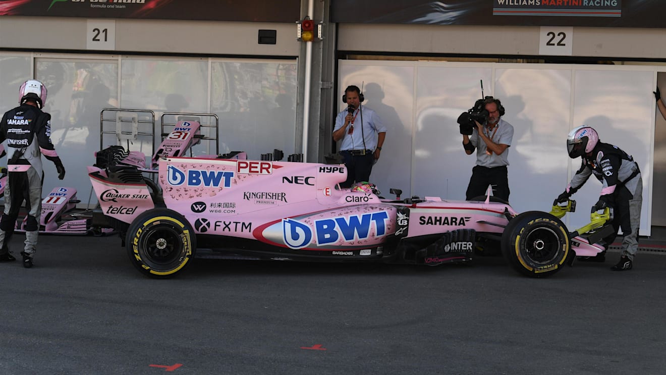 Sergio Perez (MEX) Force India VJM10 pits with a broken front wing at Formula One World Championship, Rd8, Azerbaijan Grand Prix, Race, Baku City Circuit, Baku, Azerbaijan, Sunday 25 June 2017. © Sutton Images