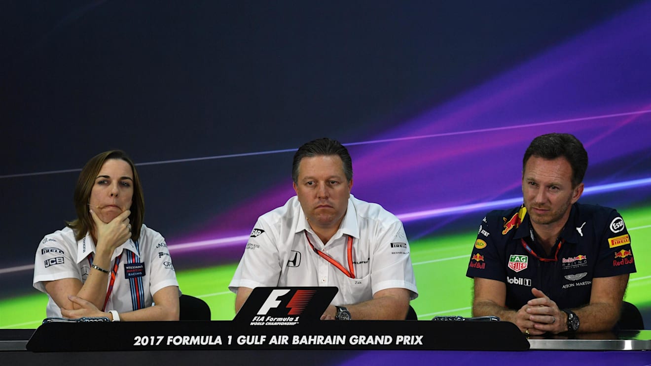 (L to R): Claire Williams (GBR) Williams Deputy Team Principal, Zak Brown (USA) McLaren Executive Director and Christian Horner (GBR) Red Bull Team Principal in the Press Conference at F1 World Championship,14 April 2017. ©Sutton Motorsport Images