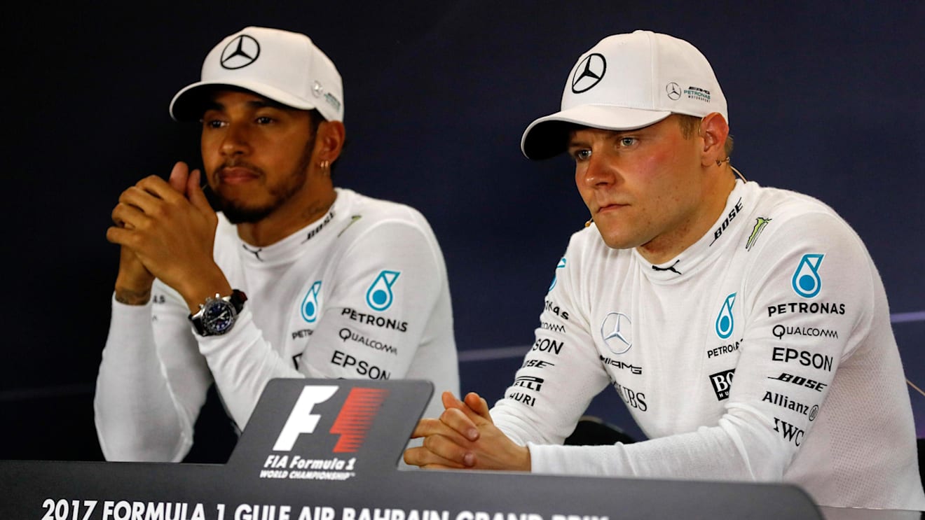 Lewis Hamilton (GBR)  and pole sitter Valtteri Bottas (FIN) in the Press Conference at Formula One World Championship, Rd3, Bahrain Grand Prix Qualifying, Bahrain International Circuit, Sakhir, Bahrain, Saturday 15 April 2017. © Sutton Motorsport Images