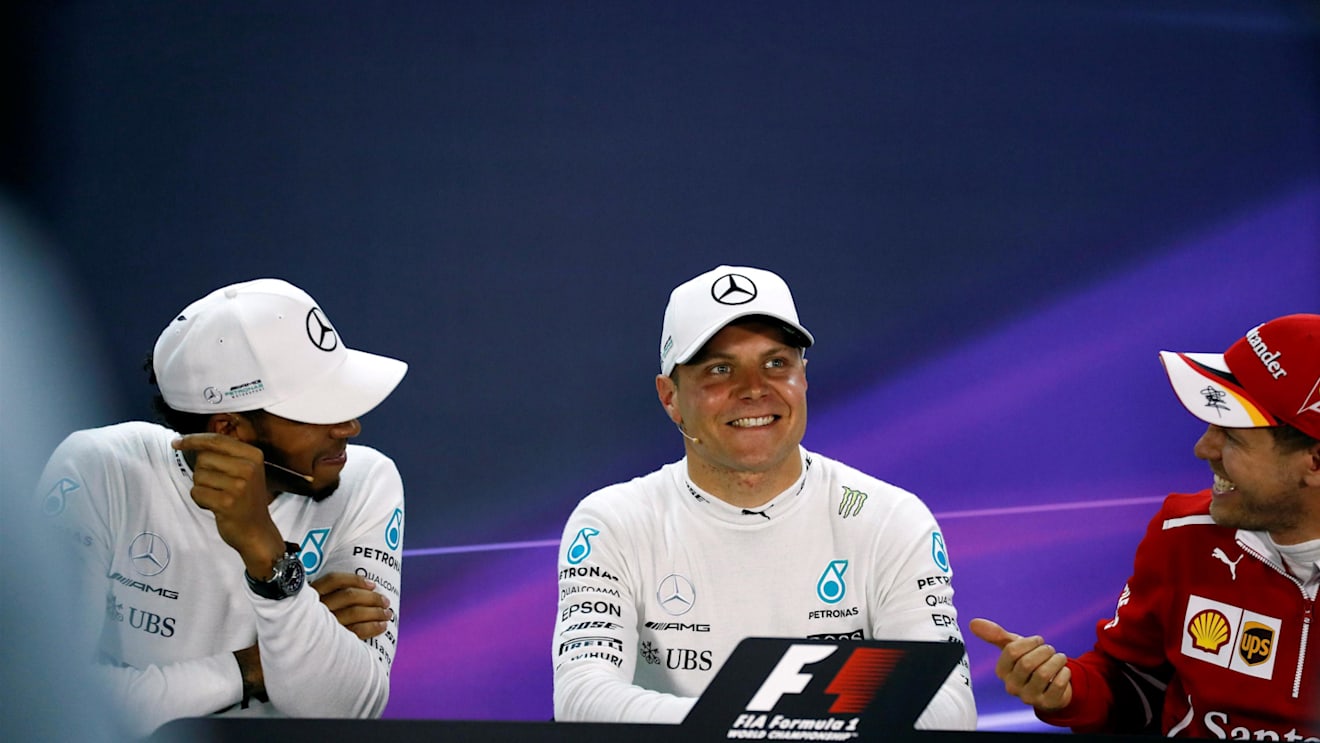 Hamilton (GBR), pole sitter Bottas (FIN) and Vettel (GER) Ferrari in the Press Conference at F1 World Championship, Rd3, Bahrain Grand Prix Qualifying, Bahrain International Circuit, Sakhir, Bahrain, Saturday 15 April 2017. © Sutton Motorsport Images
