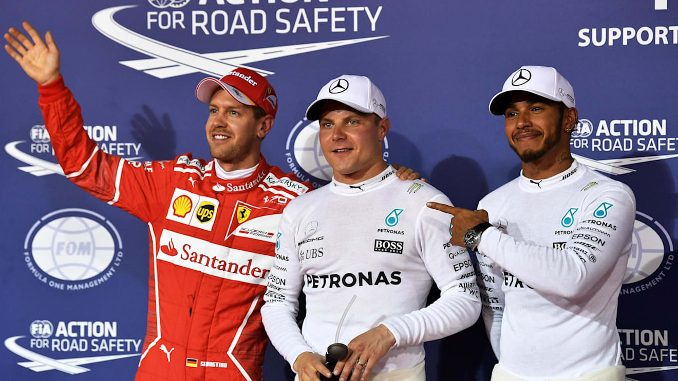 (L to R): Sebastian Vettel, Valtteri Bottas and Lewis Hamilton celebrate in parc ferme at F1 World Championship, Rd3, Bahrain Grand Prix Qualifying, Bahrain International Circuit, Sakhir, Bahrain, Saturday 15 April 2017. © Sutton Motorsport Images