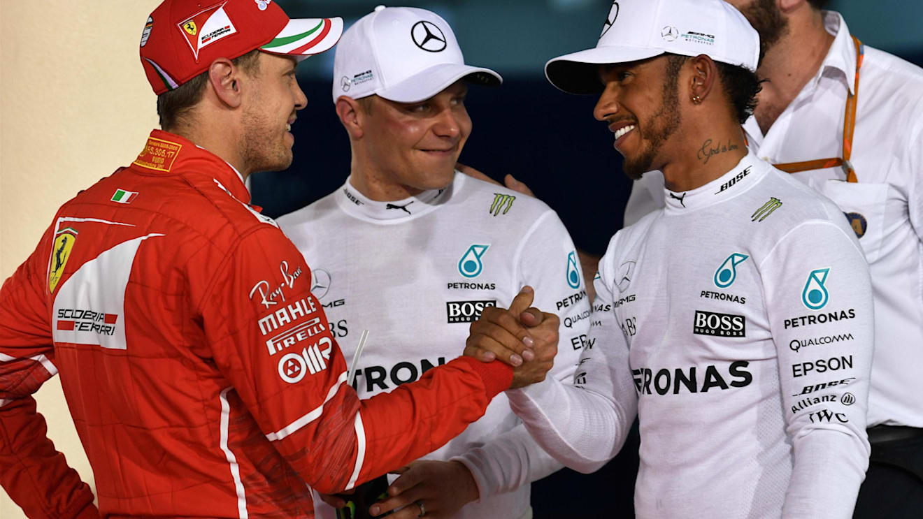 Vettel Ferrari, Bottas Mercedes AMG F1 and Hamilton Mercedes AMG F1 celebrate in parc ferme at F1 World Championship, Rd3, Bahrain Grand Prix Qualifying, Bahrain International Circuit, Sakhir, Bahrain, Saturday 15 April 2017. © Sutton Motorsport Images