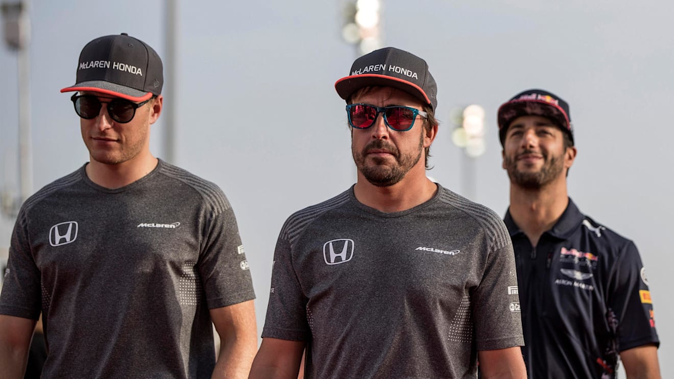 Stoffel Vandoorne (BEL) McLaren and Fernando Alonso (ESP) McLaren on the drivers parade at Formula One World Championship, Rd3, Bahrain Grand Prix Race, Bahrain International Circuit, Sakhir, Bahrain, Sunday 16 April 2017. © Sutton Motorsport Images